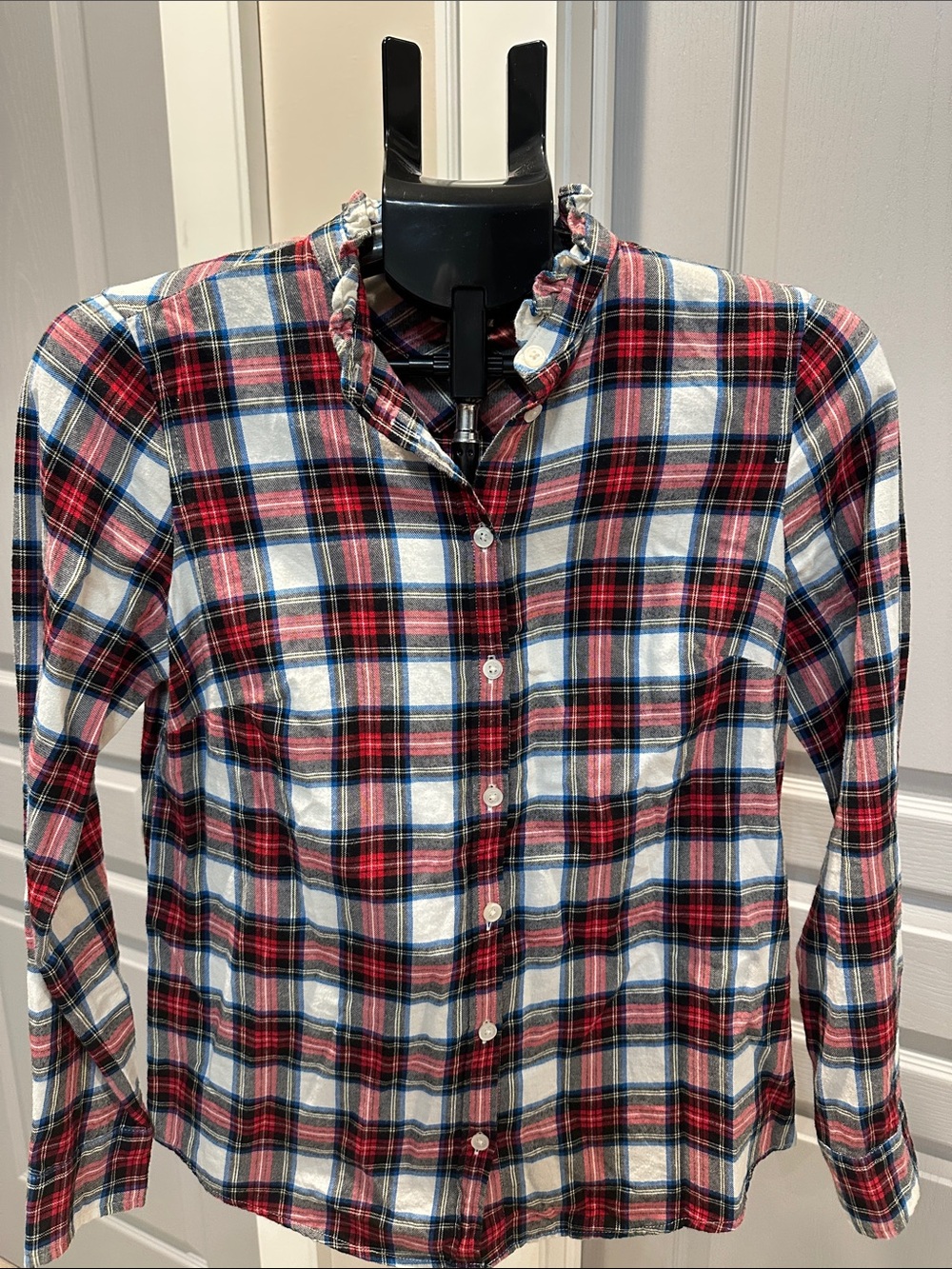J. Crew Red, Blue and White Plaid Ruffle Collar Button-Down Shirt